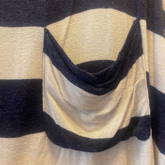 Oversized soft and stretchy long sleeve striped shirt pocket navy beige small - Picture 2 of 2
